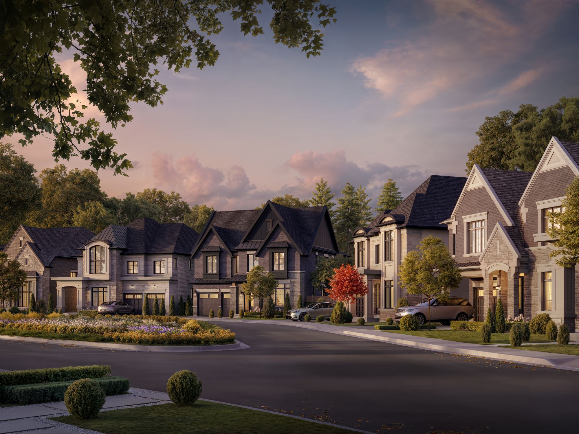 The Legacy Homes modern luxury house exterior and contemporary streetview in Millcroft Burlington Ontario