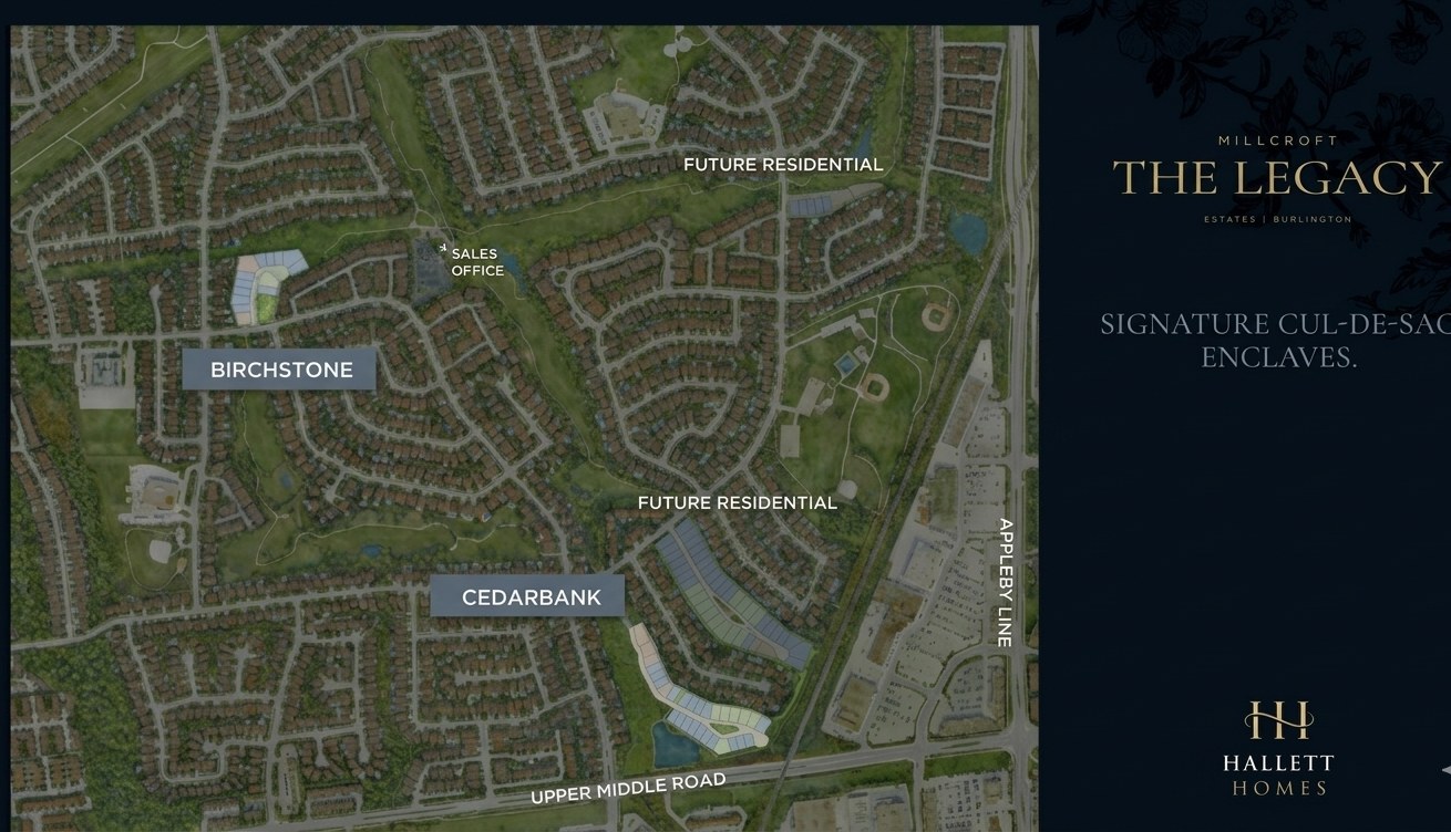 Aerial drone view of The Legacy Homes site plan and luxury estate lots in Millcroft Burlington by Hallett Homes.